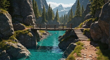 Bridge over turquoise river surrounded by rocks grass and trees in mountain landscape.