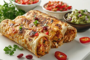 Create a highly detailed and realistic photo of Baked Burritos on white background