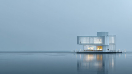 A modern glass building reflecting on calm waters in a serene landscape.