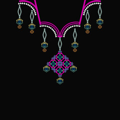 Geometric ethnic necklace design, bohemian style, vector design for collar shirts for women, neckline, neck border, clothing, vector illustration.