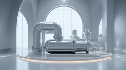 A modern industrial setup featuring sleek metallic piping and machinery.