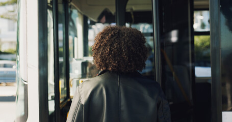 Back, bus stop and enter with woman, travel and morning commute with boarding station. Outdoor,...