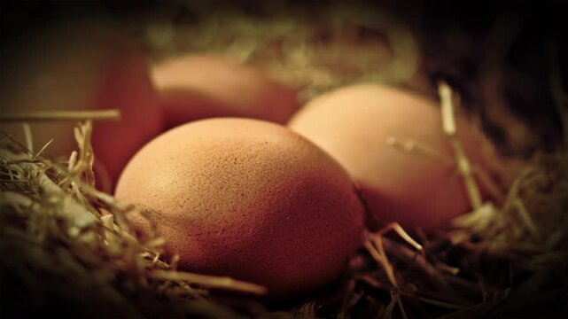 Dolly shot of hens eggs in a nest stock footage