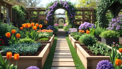 Fototapeta premium Beautiful Flower Garden with Pathway and Blooming Spring Plants,Gardening