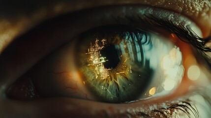 Close-up of human eye with futuristic digital interface overlay representing the fusion of technology and humanity, highlighting biometric scanning, artificial intelligence, and cybernetic vision conc