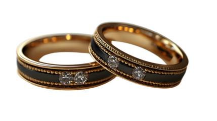 Elegant and Stunning Close-Up of Two Ornate Wedding Rings with Intricate Designs and Sparkling Diamonds