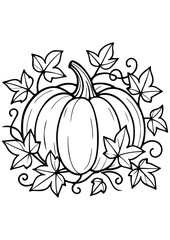 Black and white vector illustration of an autumn pumpkin wrapped in ivy, perfect for engraving, print, logos, book illustrations, and creative projects
