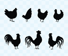 Black silhouette vector illustration of roosters and hens in various poses. Ideal for farm, agriculture, or animal-themed projects. Hand drawn vector illustration.