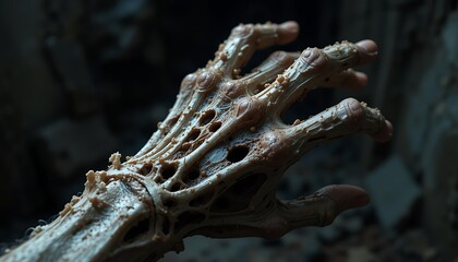 A Ghastly Hand Emerging from the Ruins: A Digital 3D Render of a Decaying, Skeletal Hand