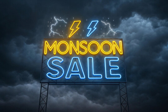 Monsoon Sale Neon Billboard with Lightning and Storm Clouds