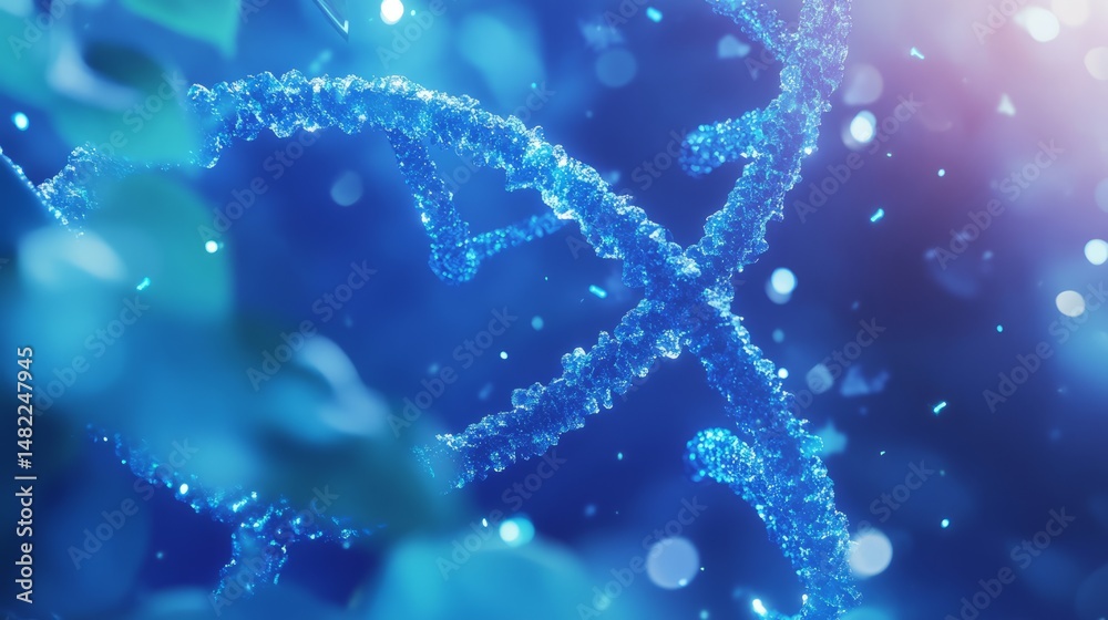Poster close-up view of blue dna double helix structure with shimmering strands against a soft blurred back