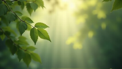 Fototapeta premium Sunlight streams through vibrant green leaves hanging from a branch, casting radiant beams across a soft forest backdrop, evoking calm and natural beauty. Generative, AI,