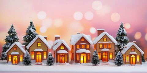 Naklejka premium Illuminated Winter Houses Soft Pink Background