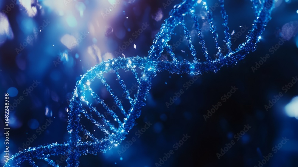 Poster close-up view of blue dna double helix structure with shimmering strands against a soft blurred back