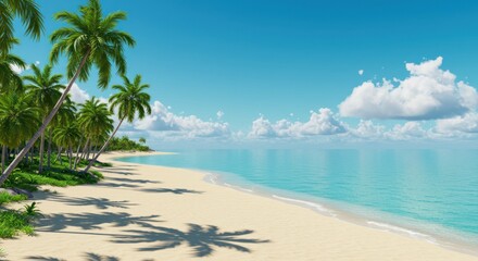 Tropical beach with palm trees white sand and turquoise water under blue sky.