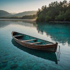 Fototapeta premium Serene morning light reflecting on a wooden boat in calm, turquoise water.