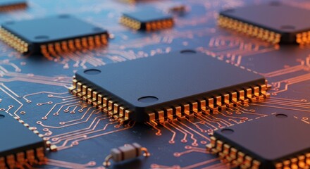 Several microchips on a circuit board with orange and blue lighting.