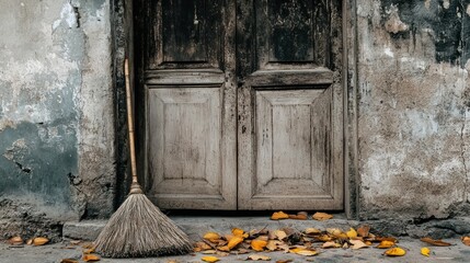 Aged weathered door with broom and fallen leaves