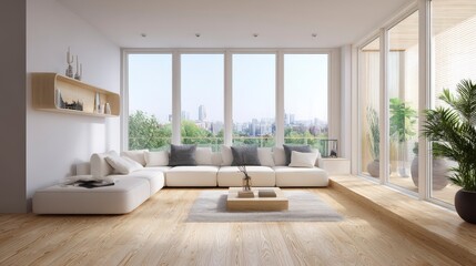 3D interior render of a clean, spacious, and modern living room with natural light