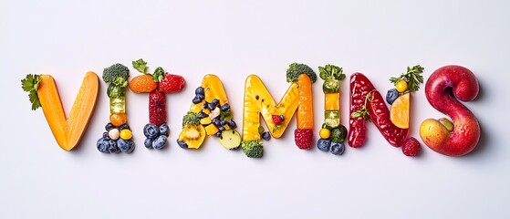The word "VITAMINS" made of colorful fruits and vegetables on a white background, with white space in the middle for text