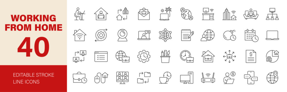 Working from home icon set. Containing remote working, freelance, hybrid work, digital nomad, office, work at home and more. Editable line icons. Vector illustration.