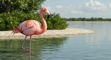 Fototapeta premium Pink flamingo wading in shallow water near a tropical island