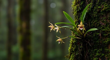 Orchid Flower on Mossy Tree Trunk
