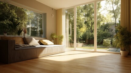 3D interior render of a contemporary living room with warm color palette