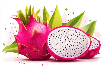 A dragon-fruit next to a slice of dragon-fruit isolated in white background.