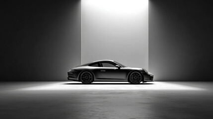 A sleek black sports car illuminated against a dark backdrop, showcasing its elegant design.