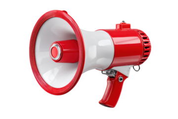 Amplified Voice: A red and white megaphone, isolated, symbolizing communication, announcements, and powerful expression. 