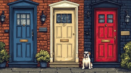 A set of four retro vintage front doors with brick walls, lamps, windows, and a sitting bulldog, hand-drawn in colored vector illustration.