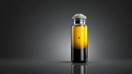 A sleek bottle filled with yellow and black liquid, showcasing modern design aesthetics.
