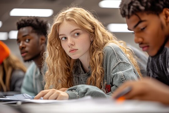 Group of diverse students focused on their studies in a modern classroom setting