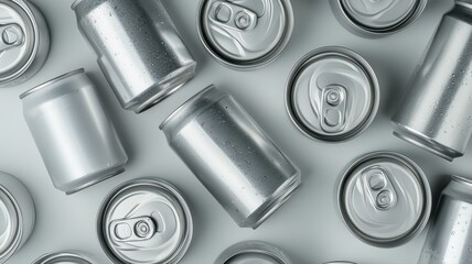 Top View Scattered Aluminum Beverage Cans with Condensation scattered condensation beverage silver