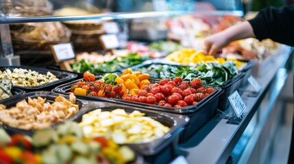 Obraz premium Fresh produce salad bar with vibrant vegetables on cold market display counter