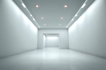 Obraz premium Minimalistic empty white room with bright ceiling lights and glossy tiled floor.