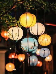 Close-up of many lanterns hanging on the top with, dim background