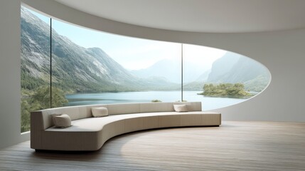 Fototapeta premium 3D Render of a High-End Modern Beige Living Room with Curved Sofa and Bright Decor