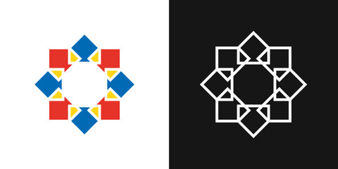 Circular house mosaic logo with architectural symmetry. Abstract symbol for real estate, community, or housing projects.