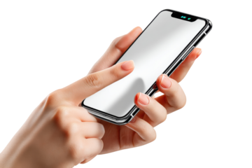 Smartphone in Hand: A hand gracefully holds a sleek black smartphone, the finger poised to tap the blank screen, inviting viewers to envision their own digital interactions.