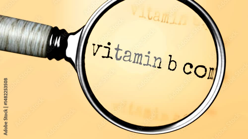 Poster vitamin b complex under careful examination. focusing on vitamin b complex, analyzing it, taking a c