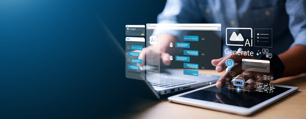Chat with AI or Artificial Intelligence. Young businessman chatting with a smart AI or artificial...