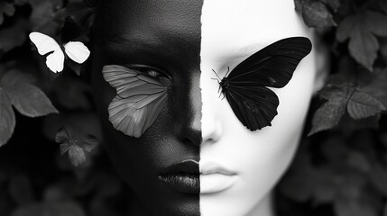 A striking monochrome face, bisected by contrasting black and white paint, adorned with butterflies © Adib