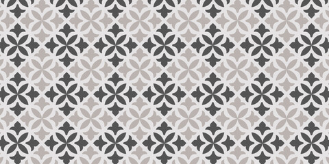 Elegant seamless floral tile pattern in gray tones with geometric symmetry, suitable for wallpapers, textiles, and interior design.