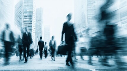 Blurred people walking in a city street with tall buildings in background.