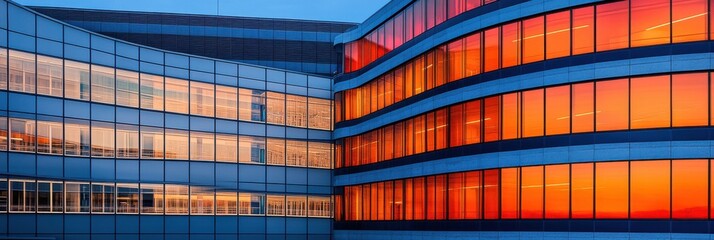 Obraz premium Modern Glass Building Architecture Sunset Reflection Design city blue view urban light lines shape