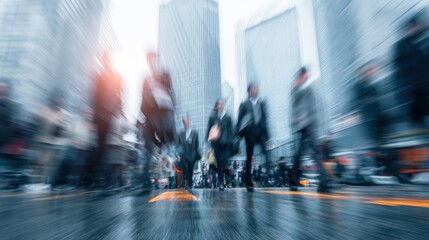 Obraz premium Blurred people walk in a city street with tall buildings.
