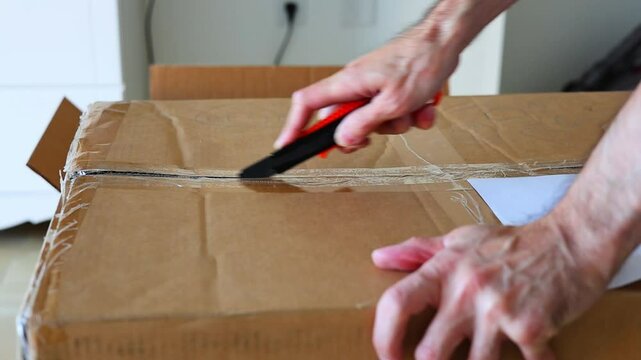 Man Opening Cardboard Box Utility Knife Hands Package Unboxing Shipping Parcel Blade Cut Work Delivery Storage