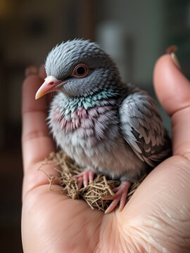 Pigeon cheeper nestling little sitting on hand